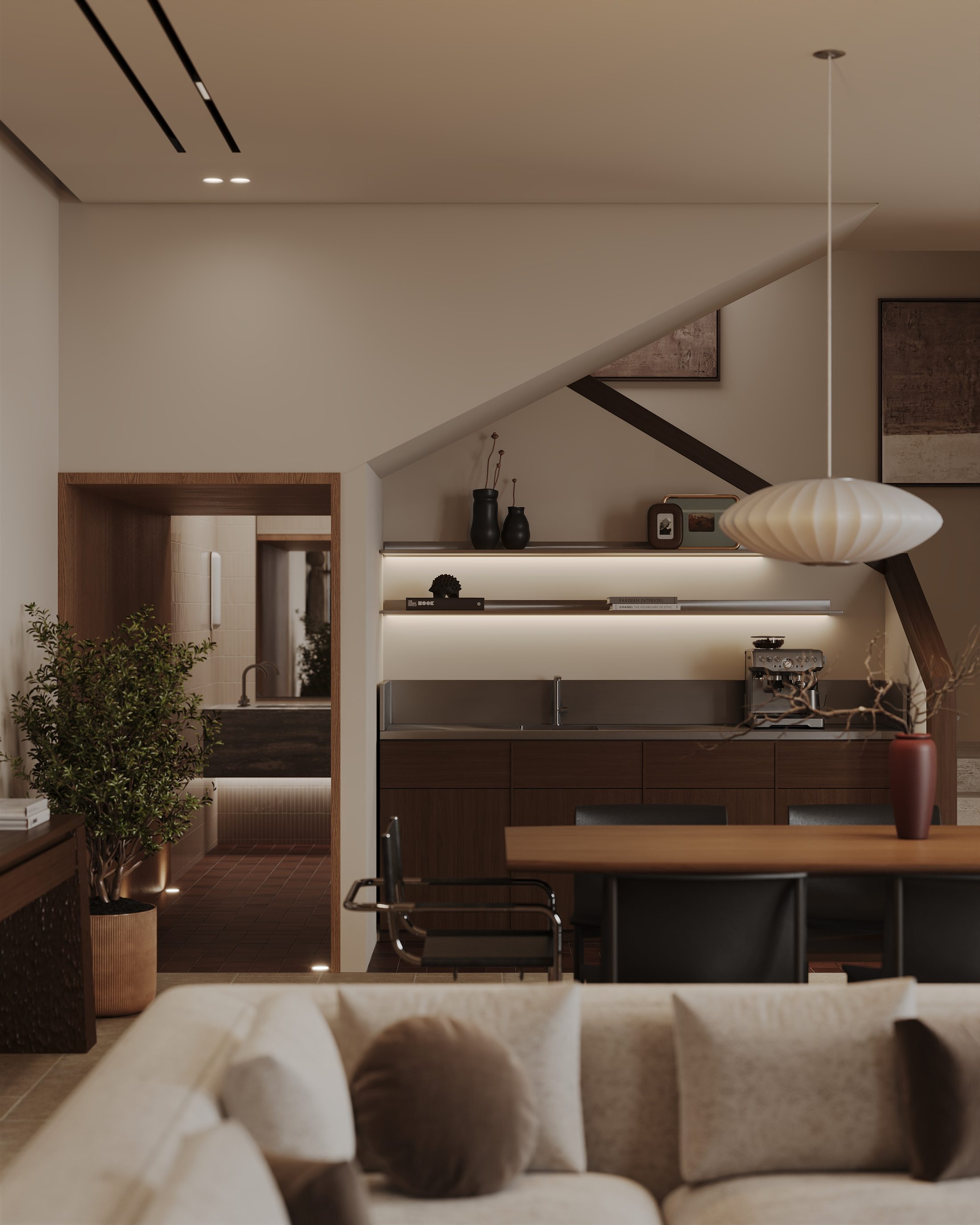 Double-height reception with stair